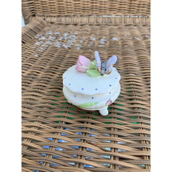 Porcelain Jewelry Holder Ring Dish Glazed Ceramic Flower Butterfly Lid Print - Picture 1 of 4